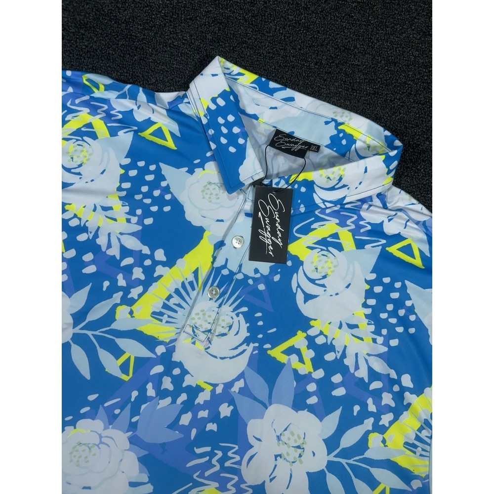 New Sunday Swagger Polo Shirt Men 3XL Golf Performance Blue Geometric Floral AOP